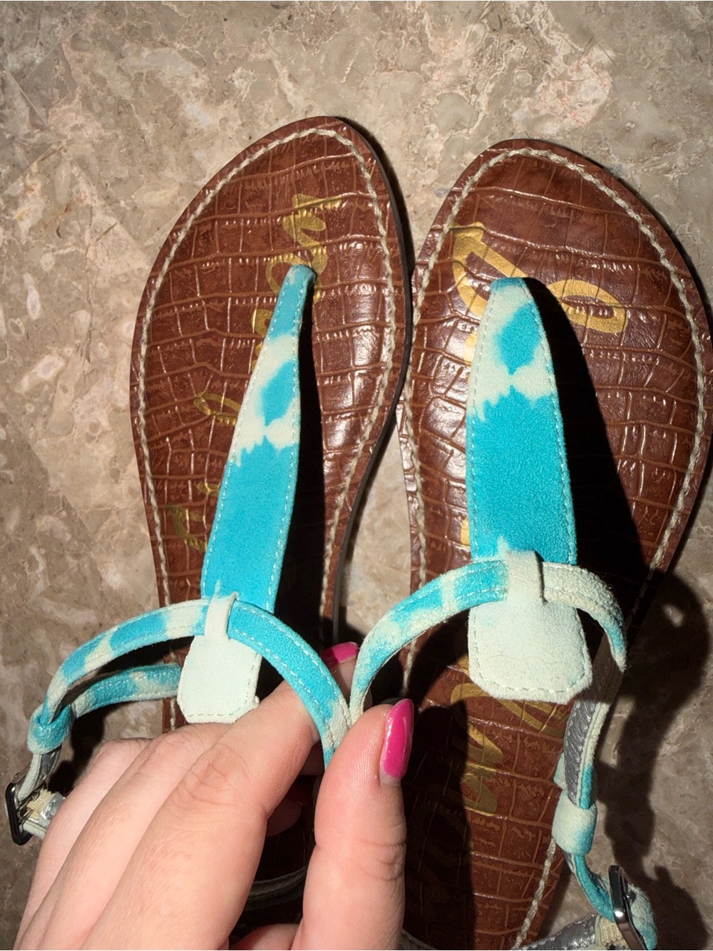 Sam Edelman Turquoise Tie-Dye T-Strap Sandals